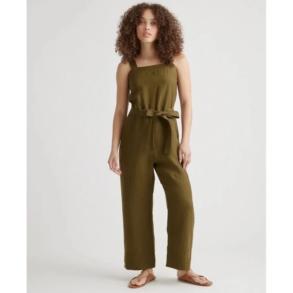 Quince Women 100% European Linen Square Neck Jumpsuit Martini Olive Size S